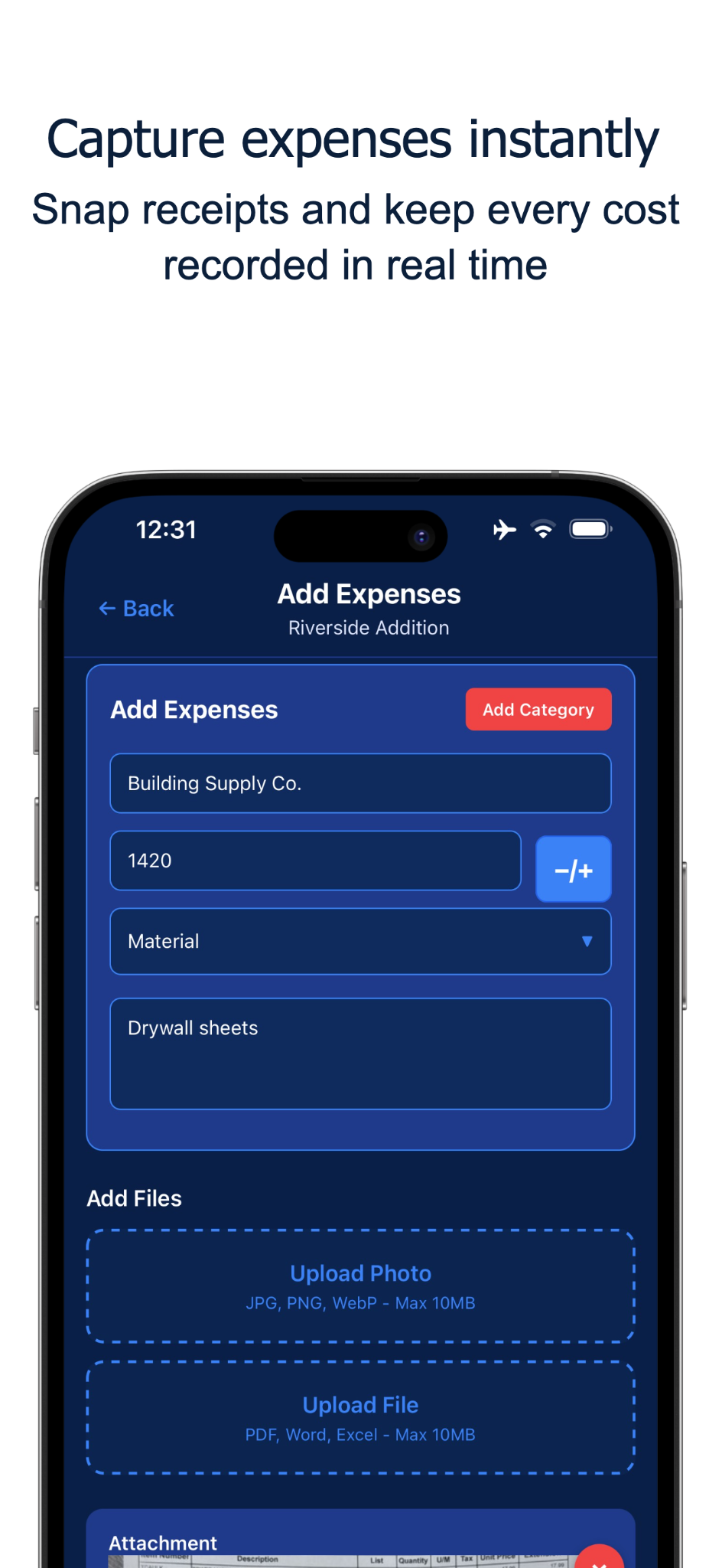 Add expenses screen with receipt upload and file attachment options