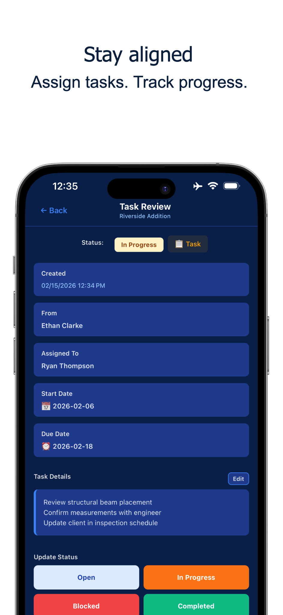 Task review screen showing assigned user, dates, details, and status updates